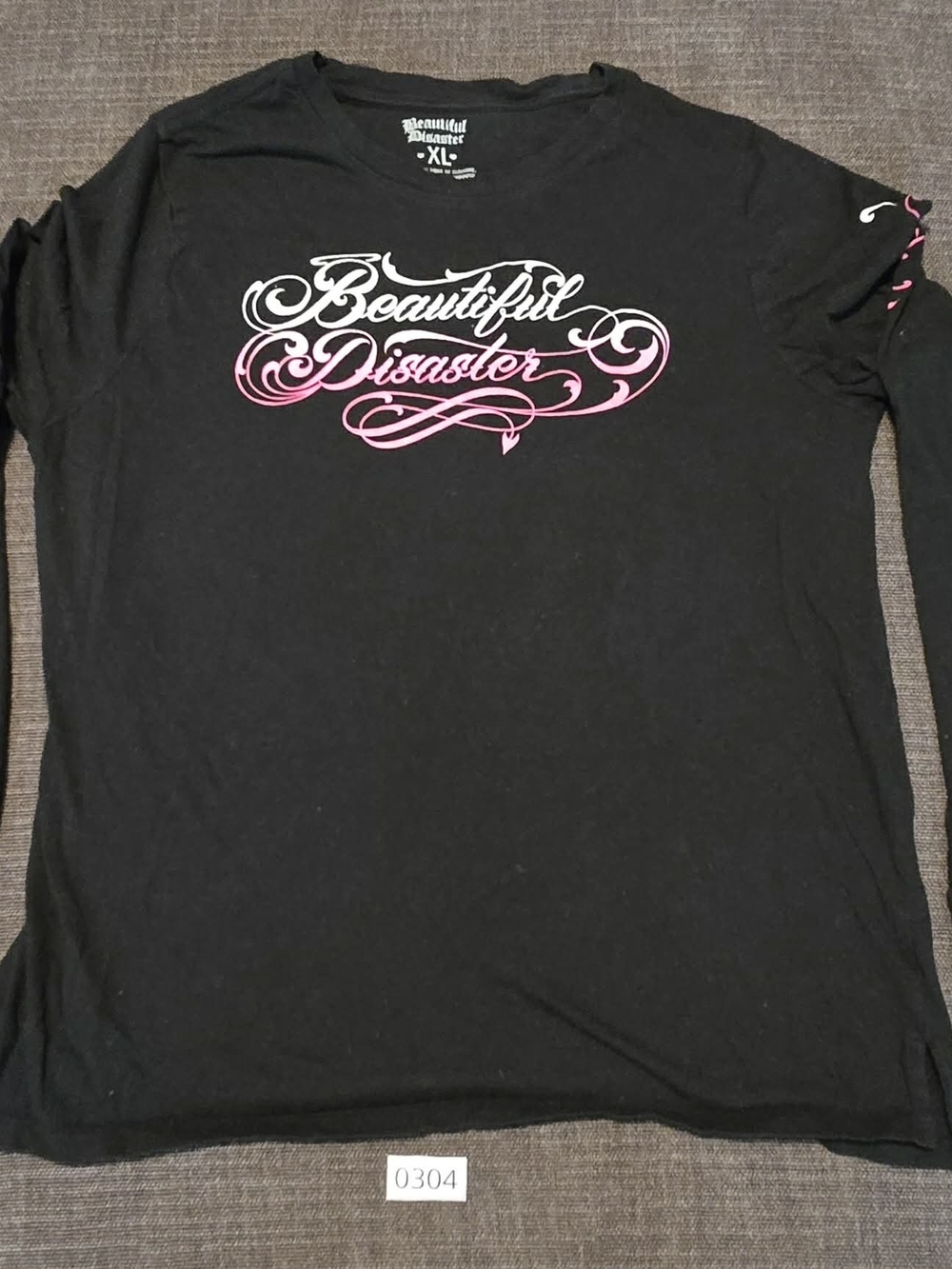 Beautiful Disaster Black Long Sleeve Tee with Pink & White Script XL